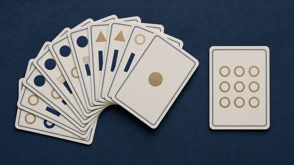 Cartas con círculos, triángulos y barras sobre tela azul