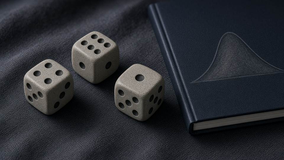 Tres dados mate junto a un cuaderno con una curva