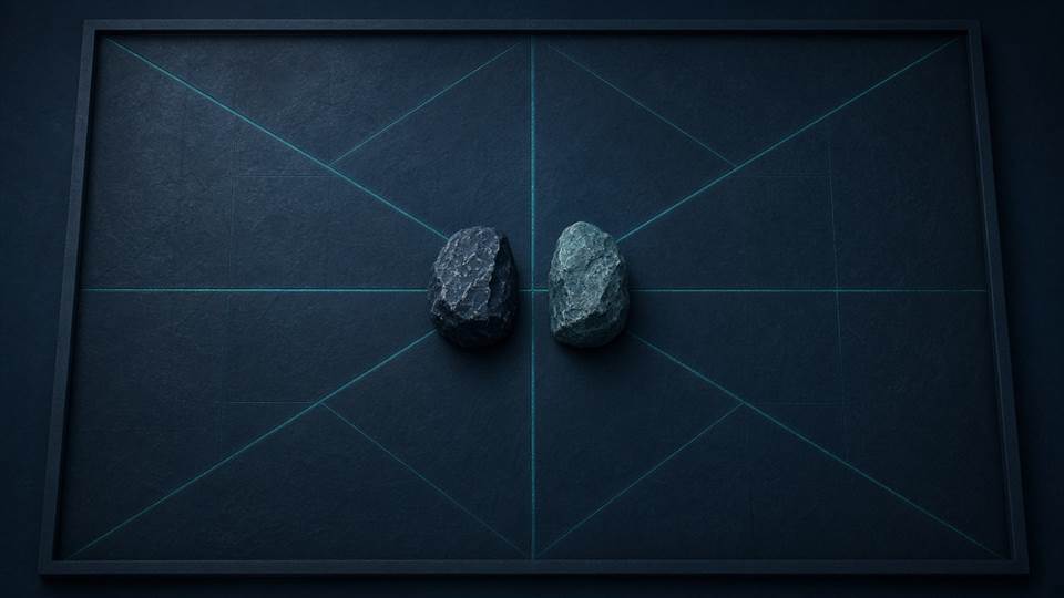 Dos grupos de piezas en balance sobre un tablero oscuro