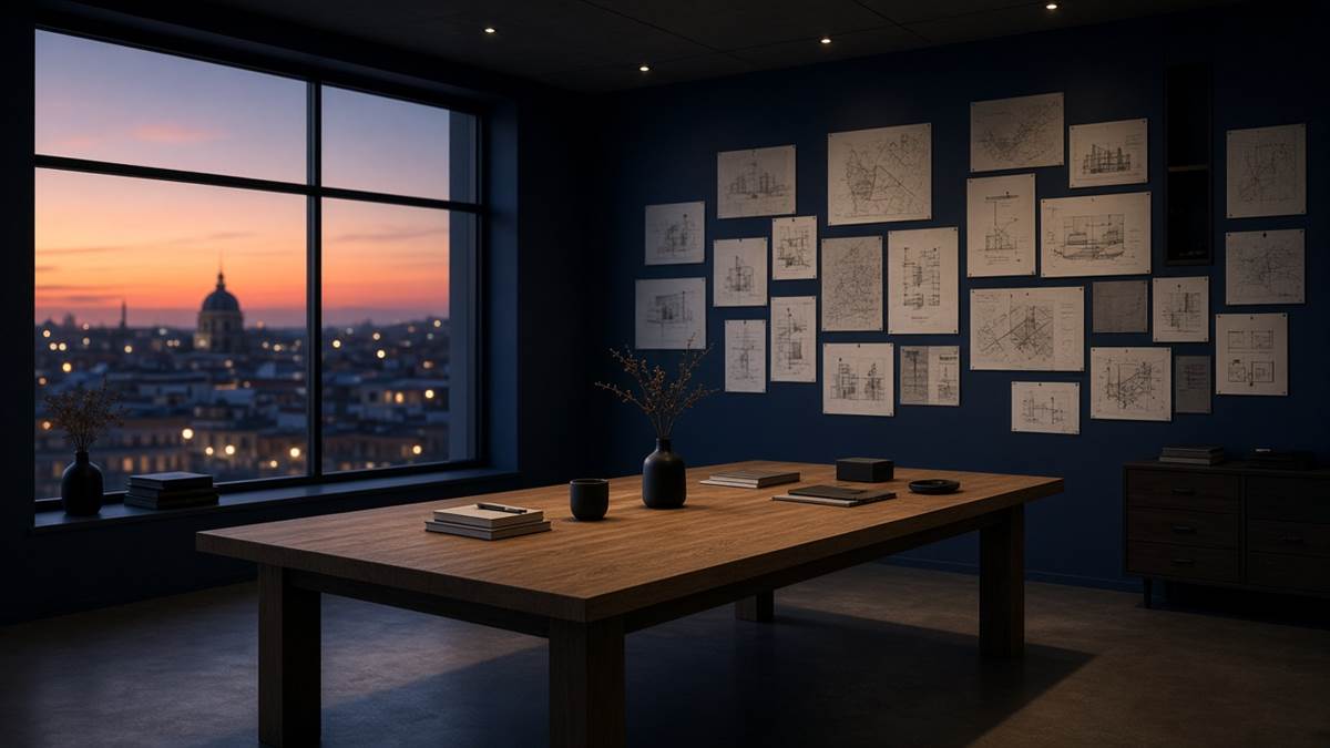 Sala de redacción con mesa larga y ventana al anochecer