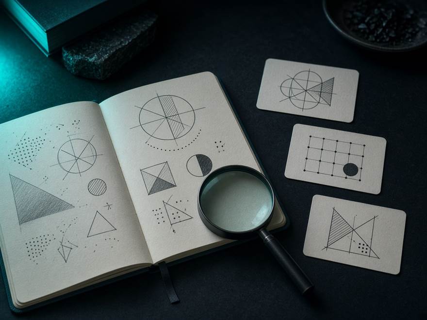 Cuaderno, lupa y fichas con marcas geométricas