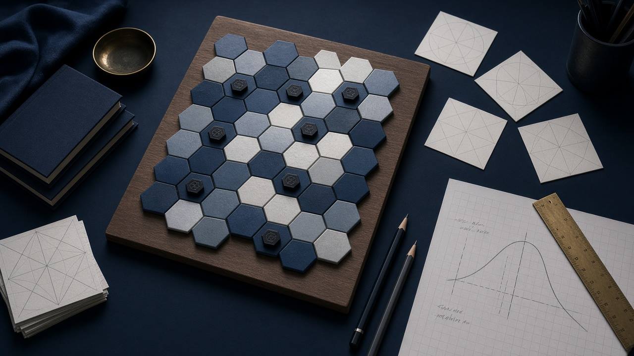Tablero hexagonal, fichas y una curva dibujada en papel cuadriculado